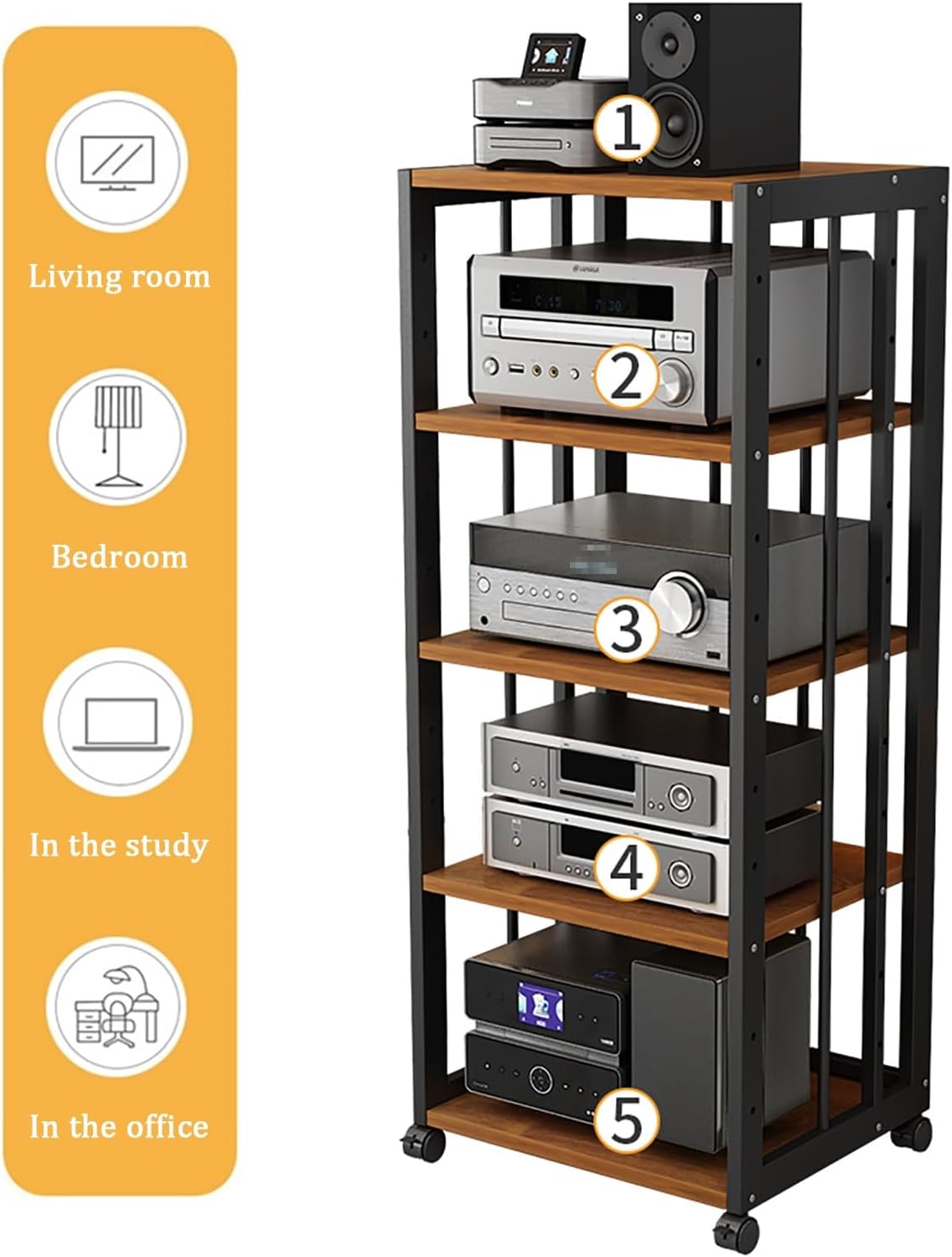 AV Component Media Stand - Adjustable Media Storage Cabinet with 3 Tiers, Movable Audio Rack, Sturdy Steel Frame, 200 Kg Load Capacity, Black & Natural Finish, 50x40x69cm