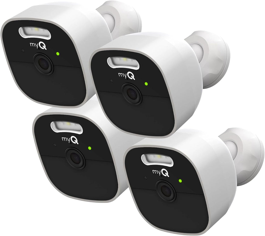 myQ Outdoor Battery Camera | 2K Camera, Color Night Vision, Spotlight, Motion Alerts, Live View with Two-Way Talk, Wireless, Weather-Resistant, Outdoor, White, 4 Pack