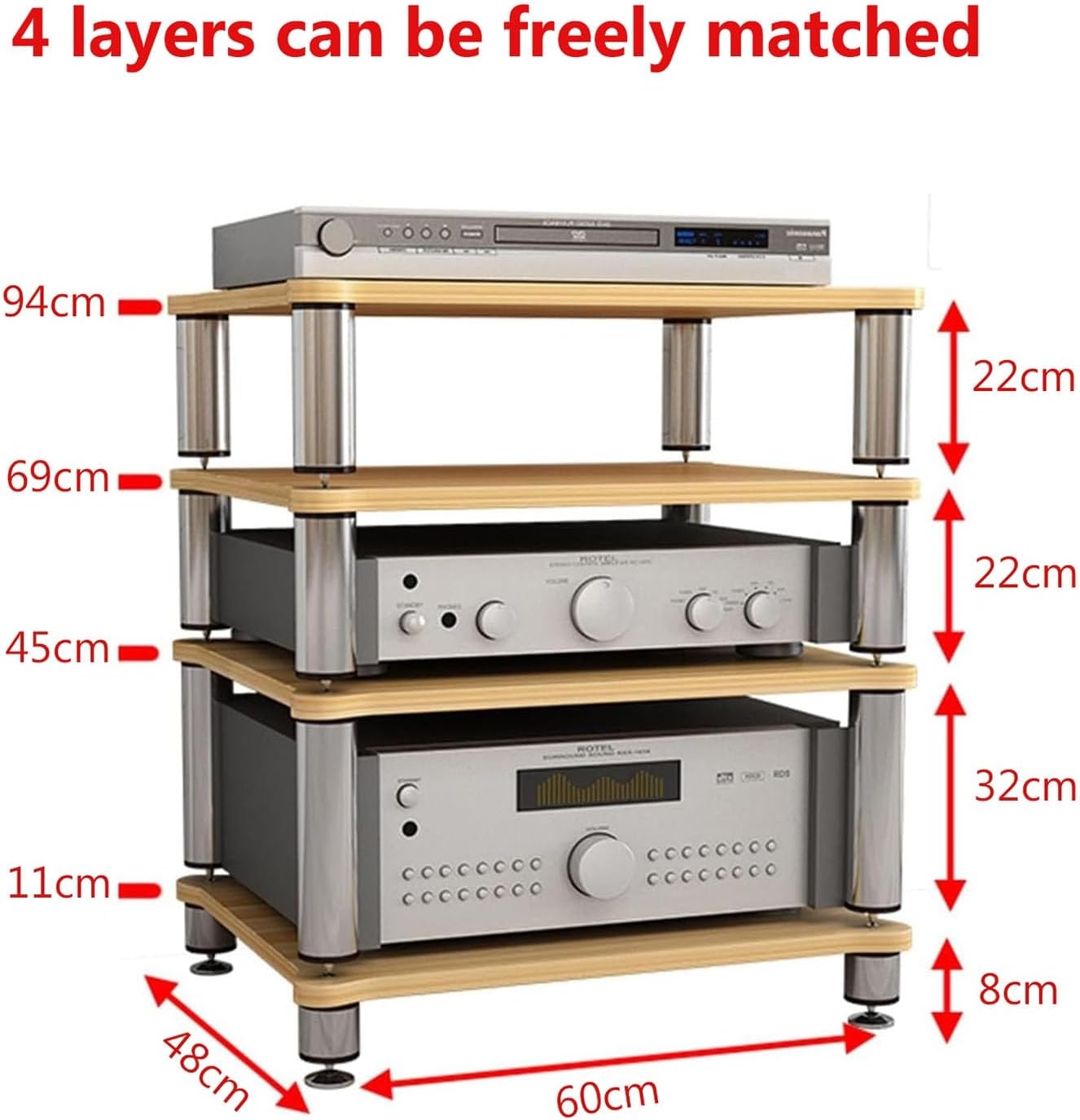 HOFSSI 23.6x18.8x37in AV Media Cabinet Stand Component Cabinet, Gaming TV Stand and Stereo Rack Audio Tower with Shock Absorber Feet (Color : 4 Tier)