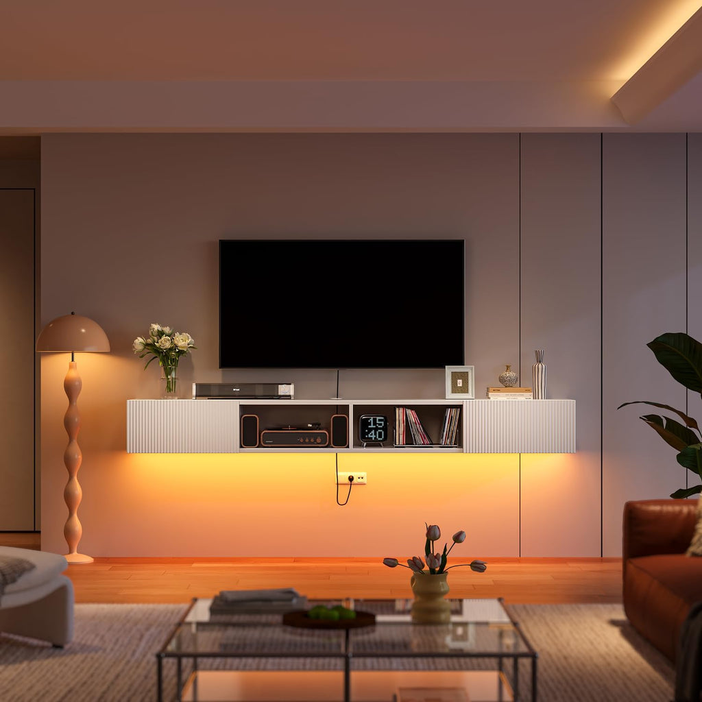 55 inch Plywood Floating TV Stand, Wall Mounted Media Console with Fluted Doors, Mid-Century Modern Entertainment Center, Space-Saving Hanging Cabinet for Living Room,White