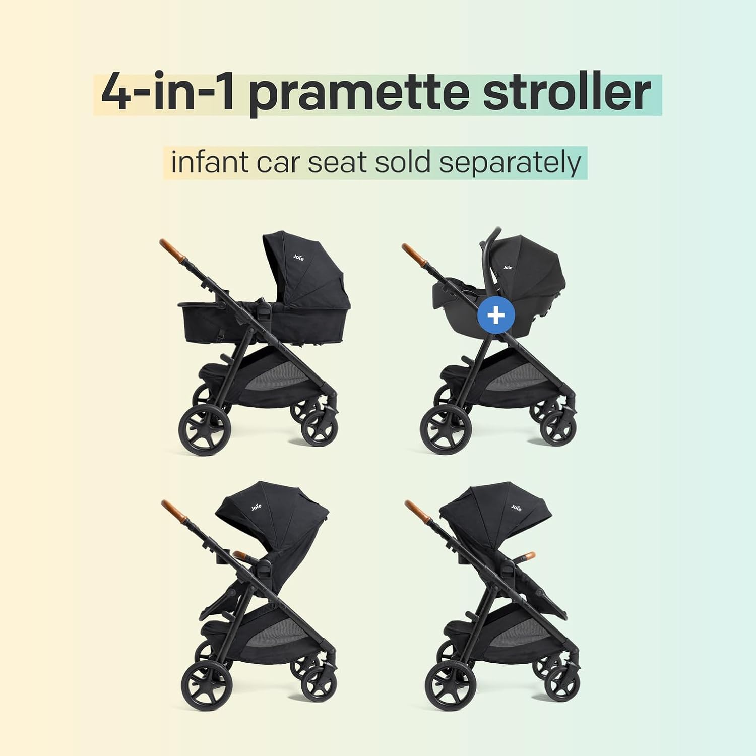 Joie Ginger 4-in-1 Convertible Pramette and Stroller with A Deep Recline, Height Adjustable seat, All-Terrain Wheels, Extra Storage – for Newborns and Toddlers (Mocha)