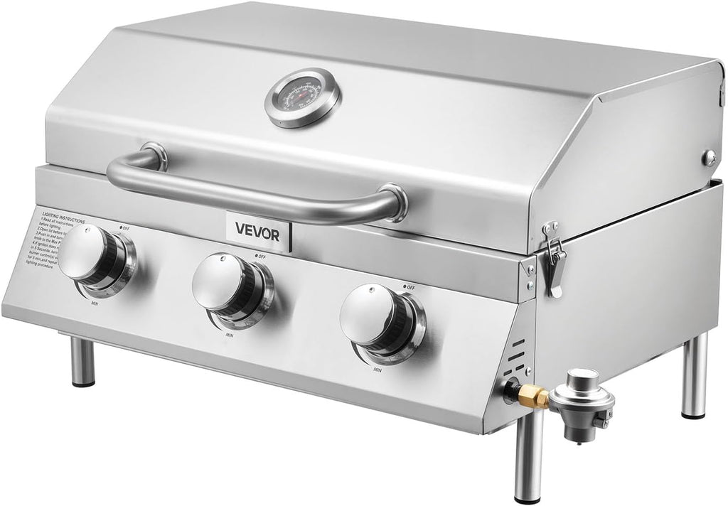 VEVOR Tabletop Gas Grill, 3-Burner Stainless Steel Portable Propane Grill, with Built-in Thermometer, Travel Locks, Weatherproof Lid, 22,500 BTU Total, for Outdoor Cooking, Patio, Party, Camping, RV