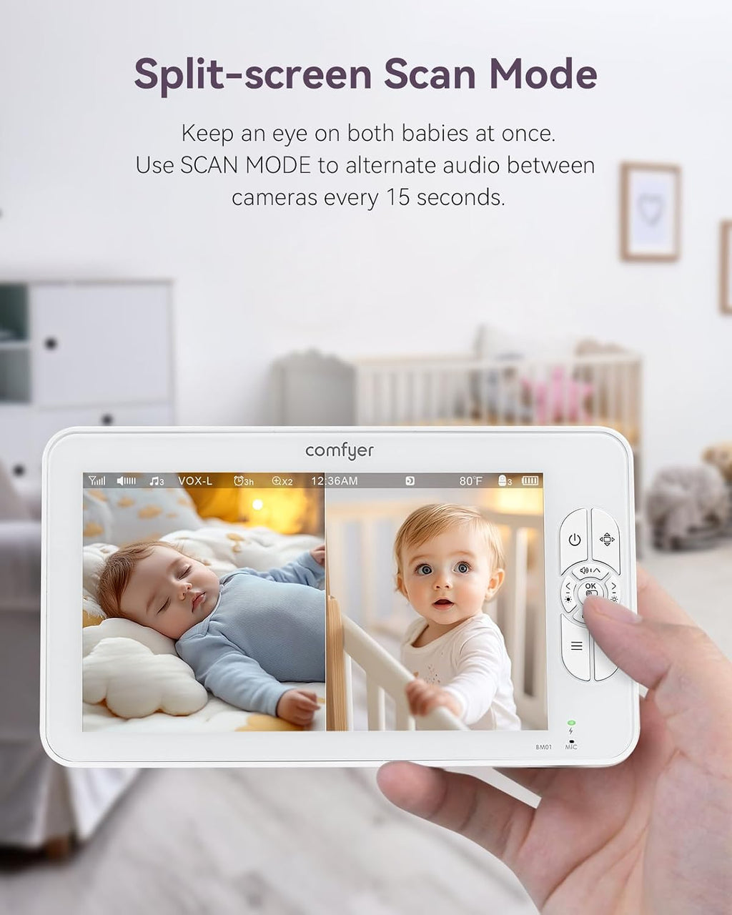 Comfyer BM01 7' HD Split-Screen Baby Monitor with 2 1080P Cameras, 48 Hrs 6000mAh Battery Runs 2 Days in VOX Mode, No WiFi Monitor with a Flexible Bracket, 2 Way Audio, Remote PTZ, Auto Night Vision
