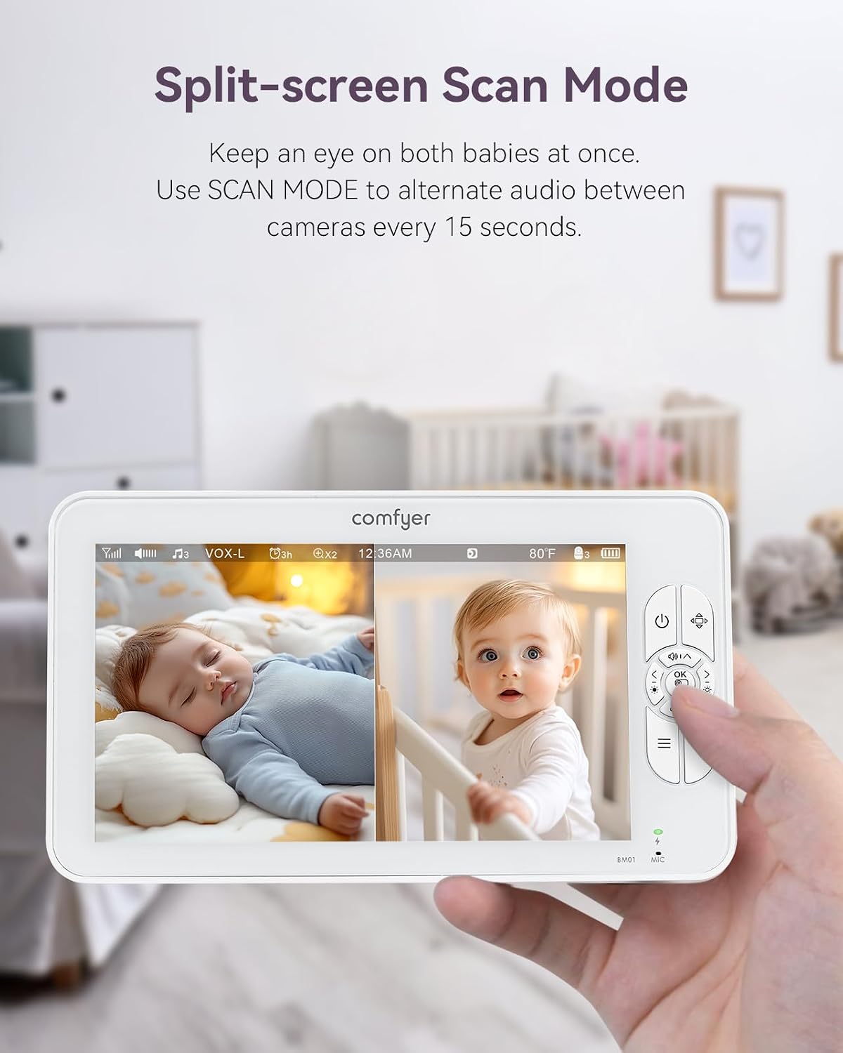Comfyer BM01 7' HD Split-Screen Baby Monitor with 2 1080P Cameras, 48 Hrs 6000mAh Battery Runs 2 Days in VOX Mode, No WiFi Monitor with a Flexible Bracket, 2 Way Audio, Remote PTZ, Auto Night Vision