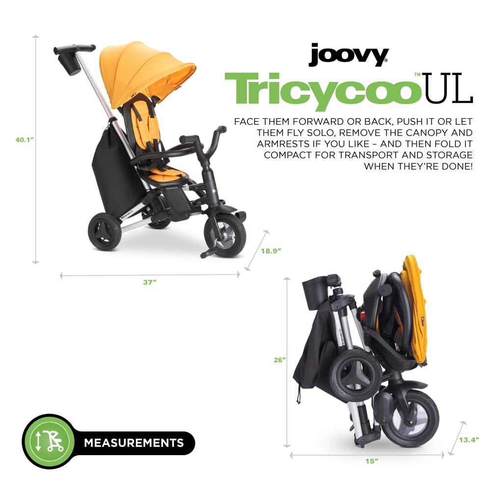 Joovy Tricycoo UL Kids Tricycle with 8 Stages Featuring 3 Rubber Tires, Removable and Adjustable Parent Handle, Safety Harness, 3-Position Recline Seat, and Retractable Canopy, Goldy