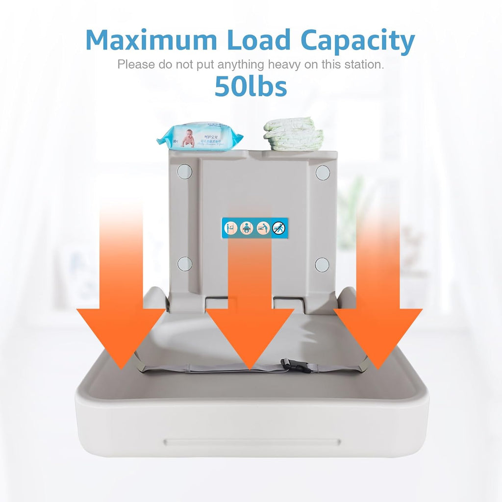 Baby Changing Station Wall Mounted, Baby Changing Table with Safrty Strap, HDPE Fold-Down Diaper Changing Station Table, Foldable Diaper Changing Unit for Commercial Bathroom Restroom