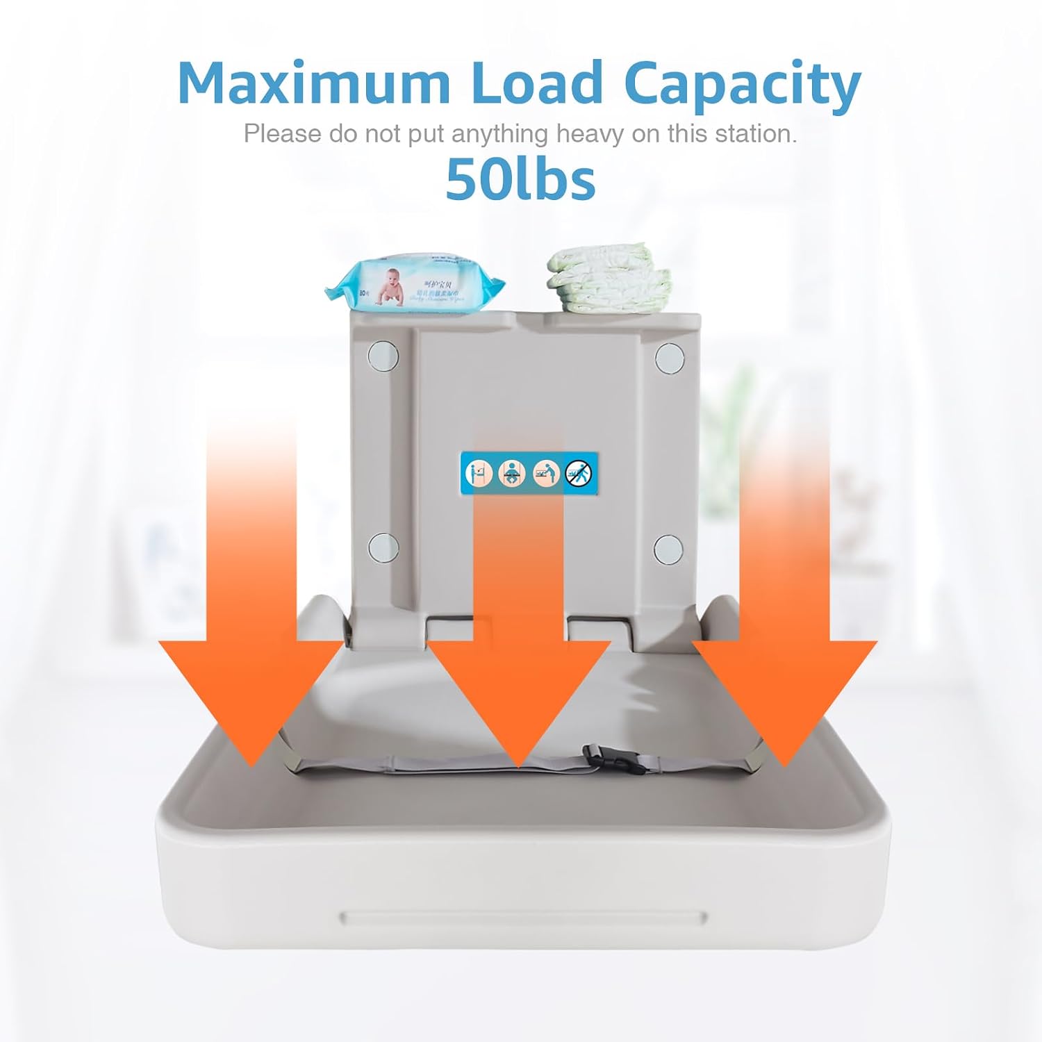 Baby Changing Station Wall Mounted, Baby Changing Table with Safrty Strap, HDPE Fold-Down Diaper Changing Station Table, Foldable Diaper Changing Unit for Commercial Bathroom Restroom