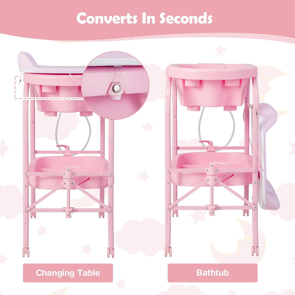 HONEY JOY 2-in-1 Baby Bathtub & Changing Table, Foldable Infant Diaper Changing Station with Wheels, Storage Tray, Waterproof Pad, Portable Newborn Nursery Organizer Bath Stand for Boys Girls (Pink)