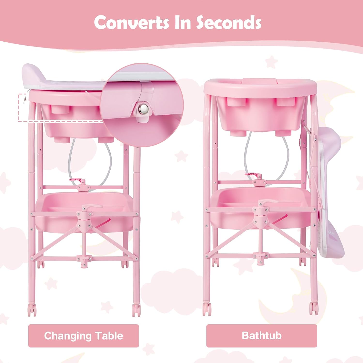 HONEY JOY 2-in-1 Baby Bathtub & Changing Table, Foldable Infant Diaper Changing Station with Wheels, Storage Tray, Waterproof Pad, Portable Newborn Nursery Organizer Bath Stand for Boys Girls (Pink)