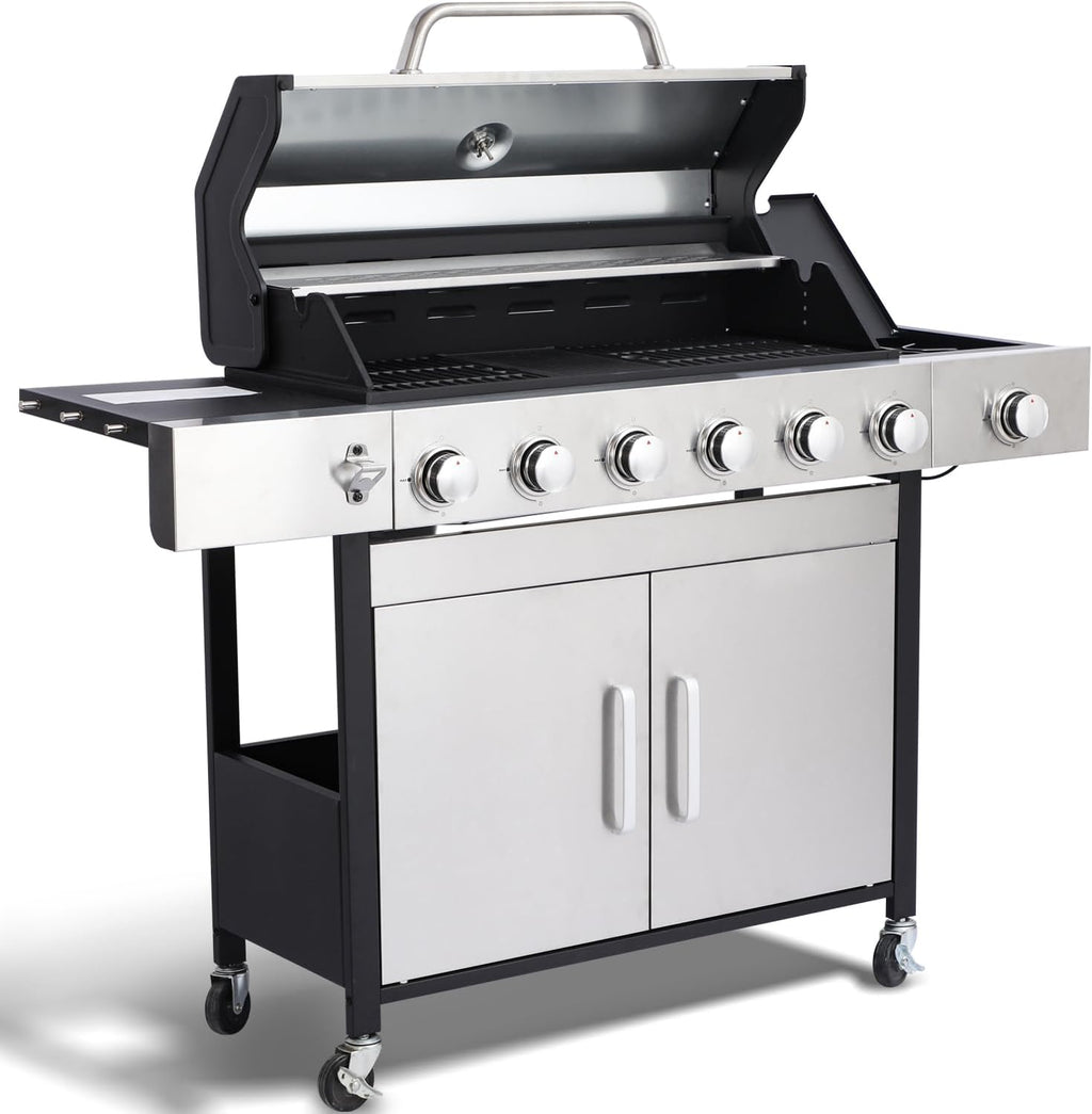 69000 BTU Output Propane Gas Grill with Side Burner and 6 Main Burners - Double-layer Stainless Steel Lid, Cast Iron Grids and Plate, Easy-Clean Grease Management for Perfect BBQs