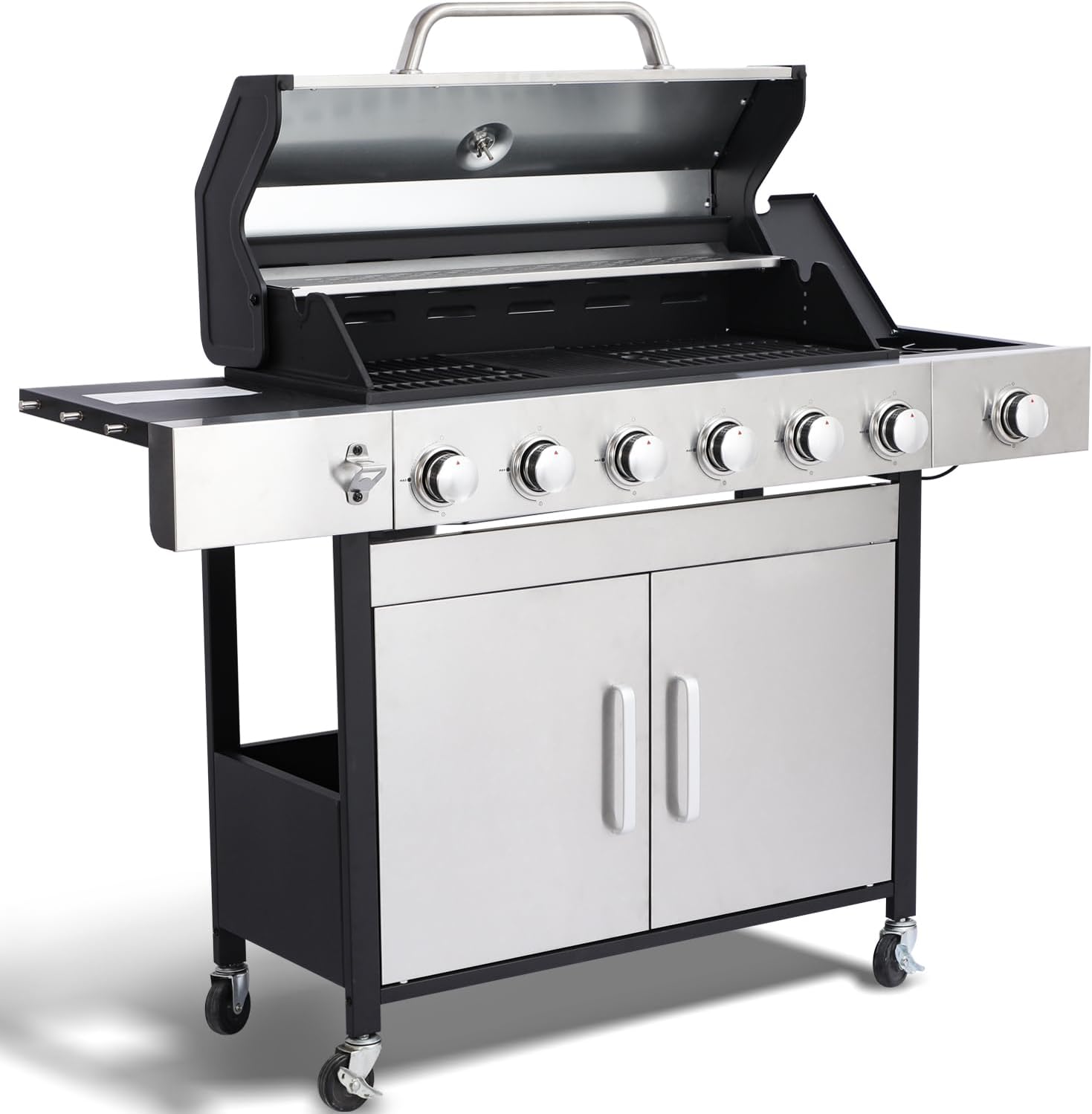 69000 BTU Output Propane Gas Grill with Side Burner and 6 Main Burners - Double-layer Stainless Steel Lid, Cast Iron Grids and Plate, Easy-Clean Grease Management for Perfect BBQs