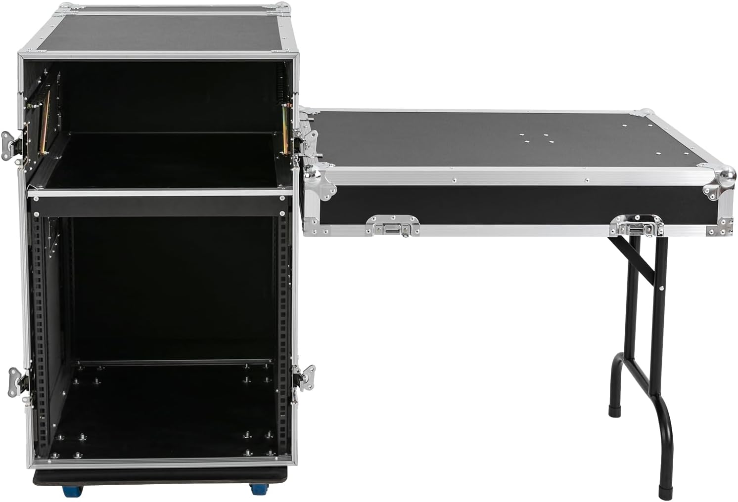 12U Mobile PA DJ Rack Road Case, Network & Stereo Rack with DJ Mixer Tops, Heavy-Duty 2-Tier Studio Equipment Cabinet with 4 Wheels, Amplifier Mixer Storage Stand for Live Sound, KTV, Home Theater