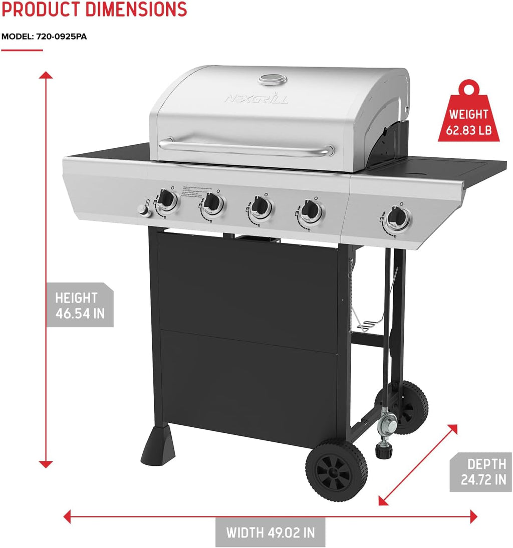 Nexgrill 4-Burner Propane Gas Grill with Side Burner, 52,000BTUs, 562 SQ. In. Cooking Space, BBQ Grill with Stainless Steel Lid & Control Panel for Outdoor Cooking, Patios, and More - 720-0925PA