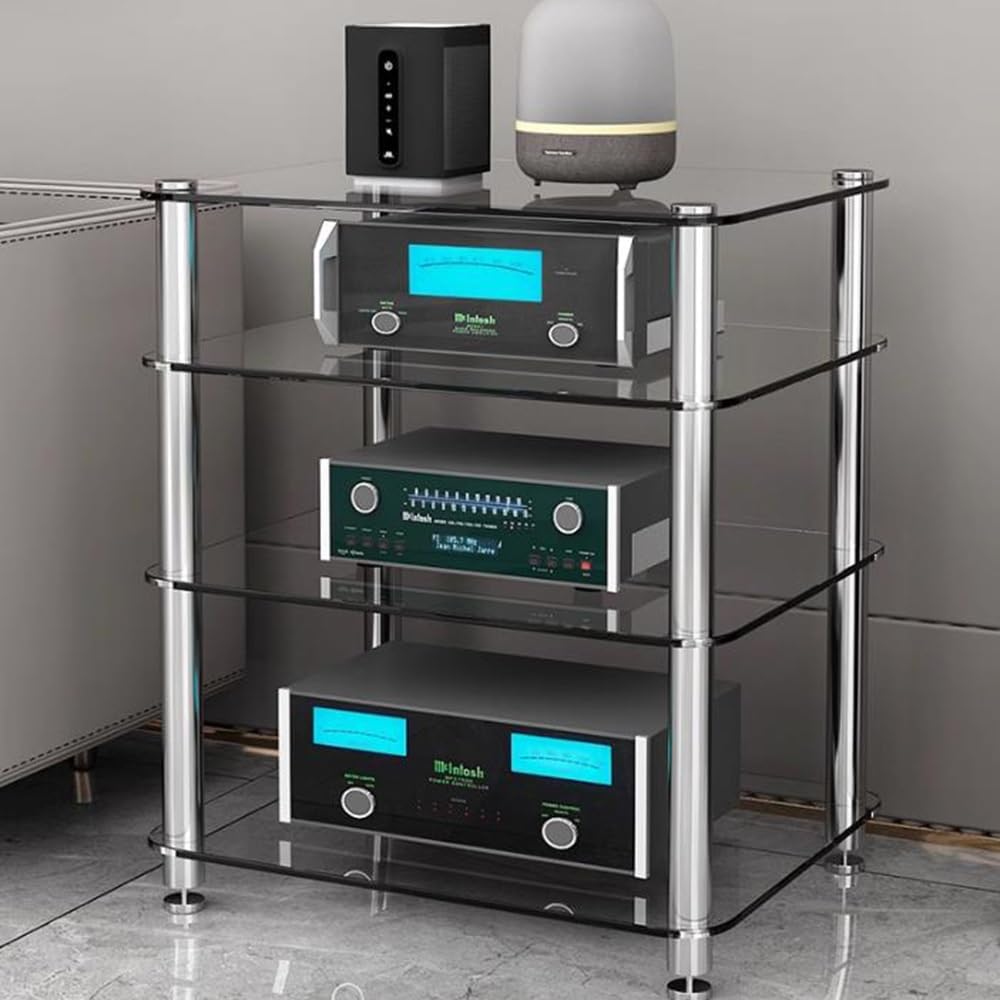 4 Tier HiFi Rack Tempered Glass Media Stand AV Component Cabinet Stereo Rack with Open Storage Shelves Stylish Home Entertainment Center (72cm 28.3in)
