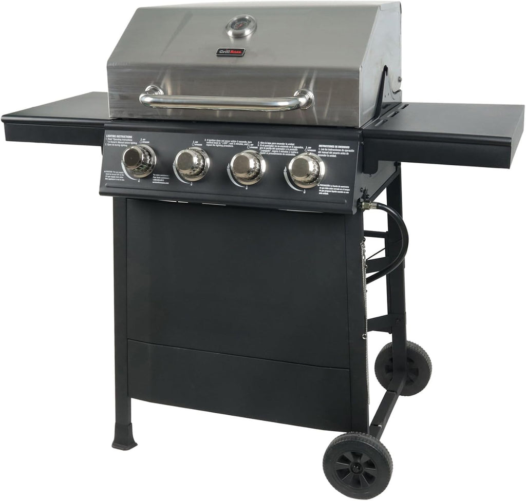 Grill Boss 4-Burner Outdoor Propane Gas Grill with Side Shelves, Stainless Steel Lid, Push Ignition, Warming Rack, Wheels, Black