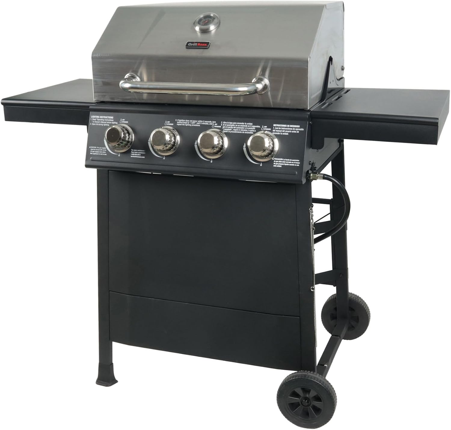 Grill Boss 4-Burner Outdoor Propane Gas Grill with Side Shelves, Stainless Steel Lid, Push Ignition, Warming Rack, Wheels, Black