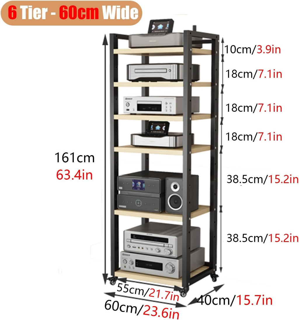 Stereo Rack Cabinet 63 Inch High, 5 6 7 8 Tier Record Player Stand for Turntable Av Media Receiver Equipment Storage, Adjustable Shelving Audio Tower Shelf(Color:6 Tier,Size:60cm Wide)