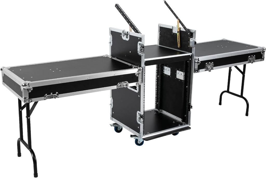 14U Mobile PA DJ Rack Road Case, Network & Stereo Rack with DJ Mixer Tops, Heavy-Duty 2-Tier Studio Equipment Cabinet with 4 Wheels, Amplifier Mixer Storage Stand for Live Sound, KTV, Home Theater