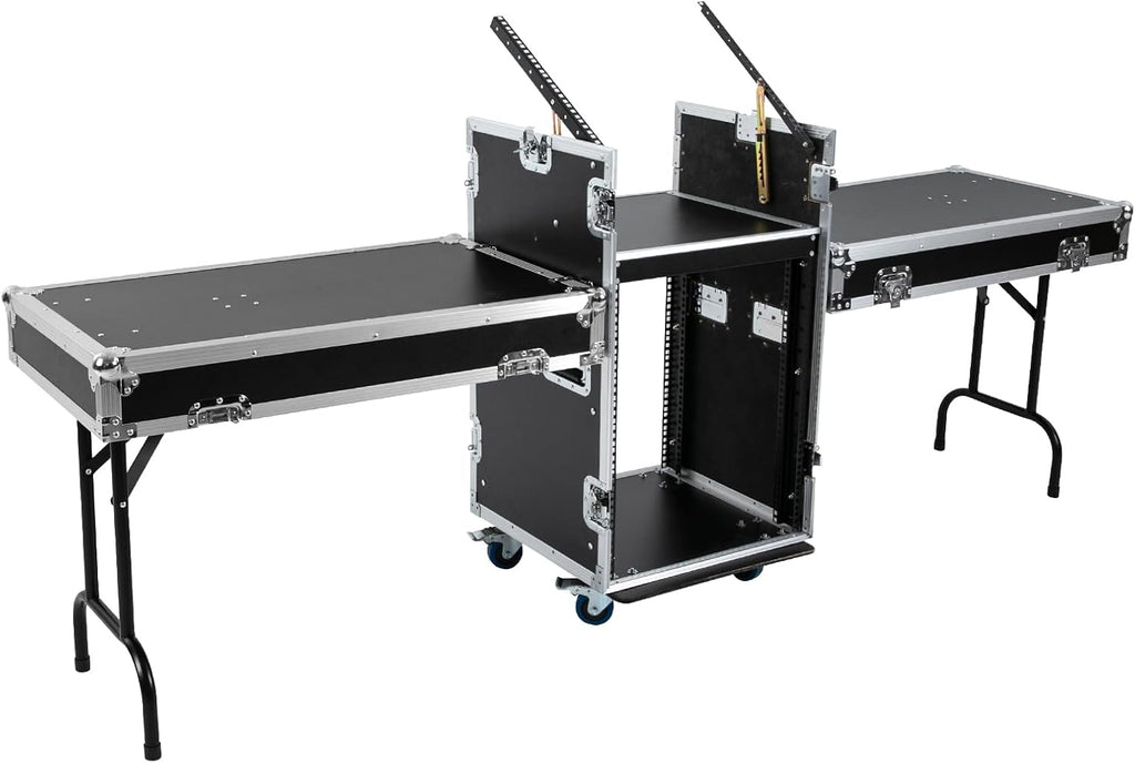 14U Mobile PA DJ Rack/Road Case, Network & Stereo Rack with DJ Mixer Tops, Heavy-Duty 2-Tier Studio Equipment Cabinet with 4 Wheels, Amplifier Mixer Storage Stand for Live Sound, KTV, Home Theater