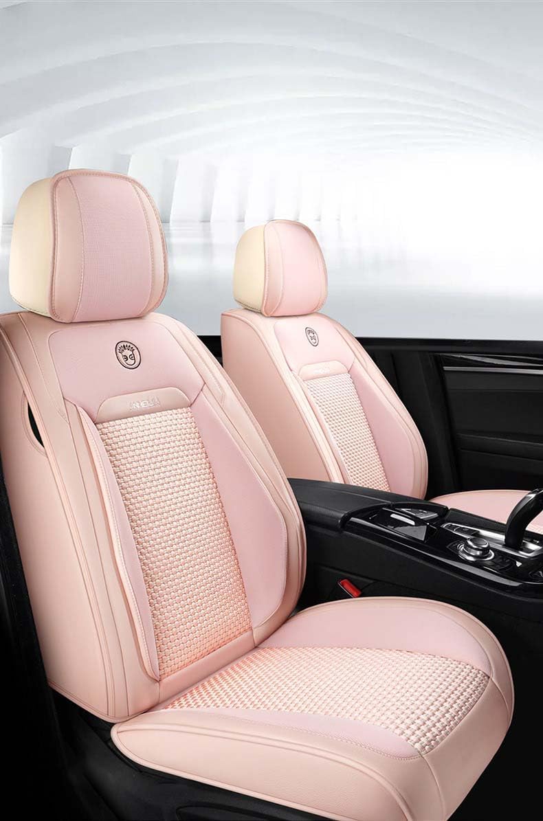 Baby Pink Car Seat Covers Full Set - Leather and Ice Silk Breathable Front and Rear Seat Covers for Women Men, Luxury Car Cushions