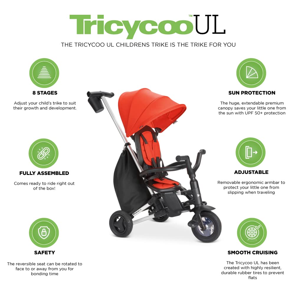 Joovy Tricycoo UL Kids Tricycle with 8 Stages Featuring 3 Rubber Tires, Removable and Adjustable Parent Handle, Safety Harness, 3-Position Recline Seat, and Retractable Canopy, Rorange