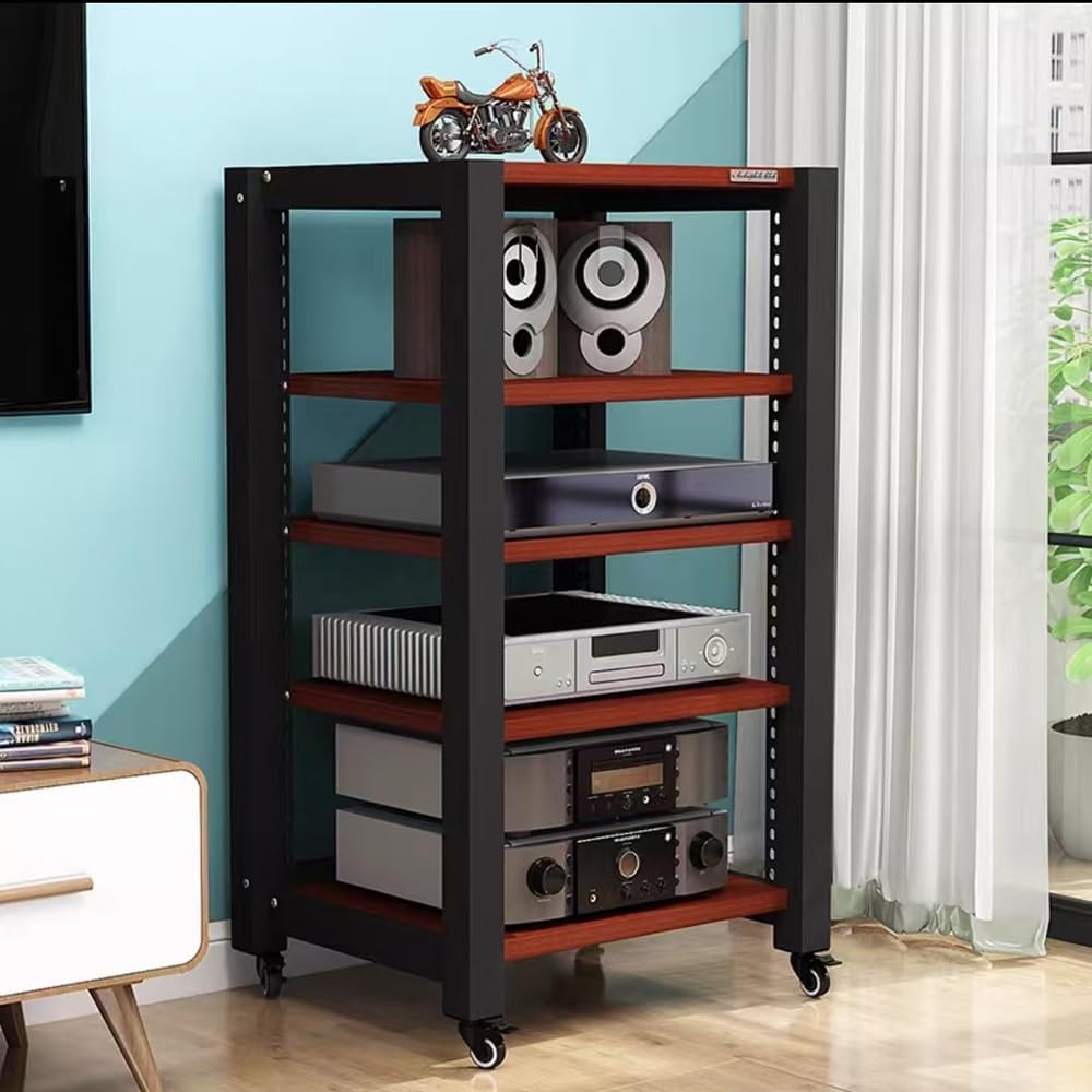 Movable HiFi Audio Rack Adjustable AV Media Components Cabine Stand with Wheels, Heavy Duty Amplifier Storage Cabinet Stereo Shelf Organizer(Teak,5-Tier)
