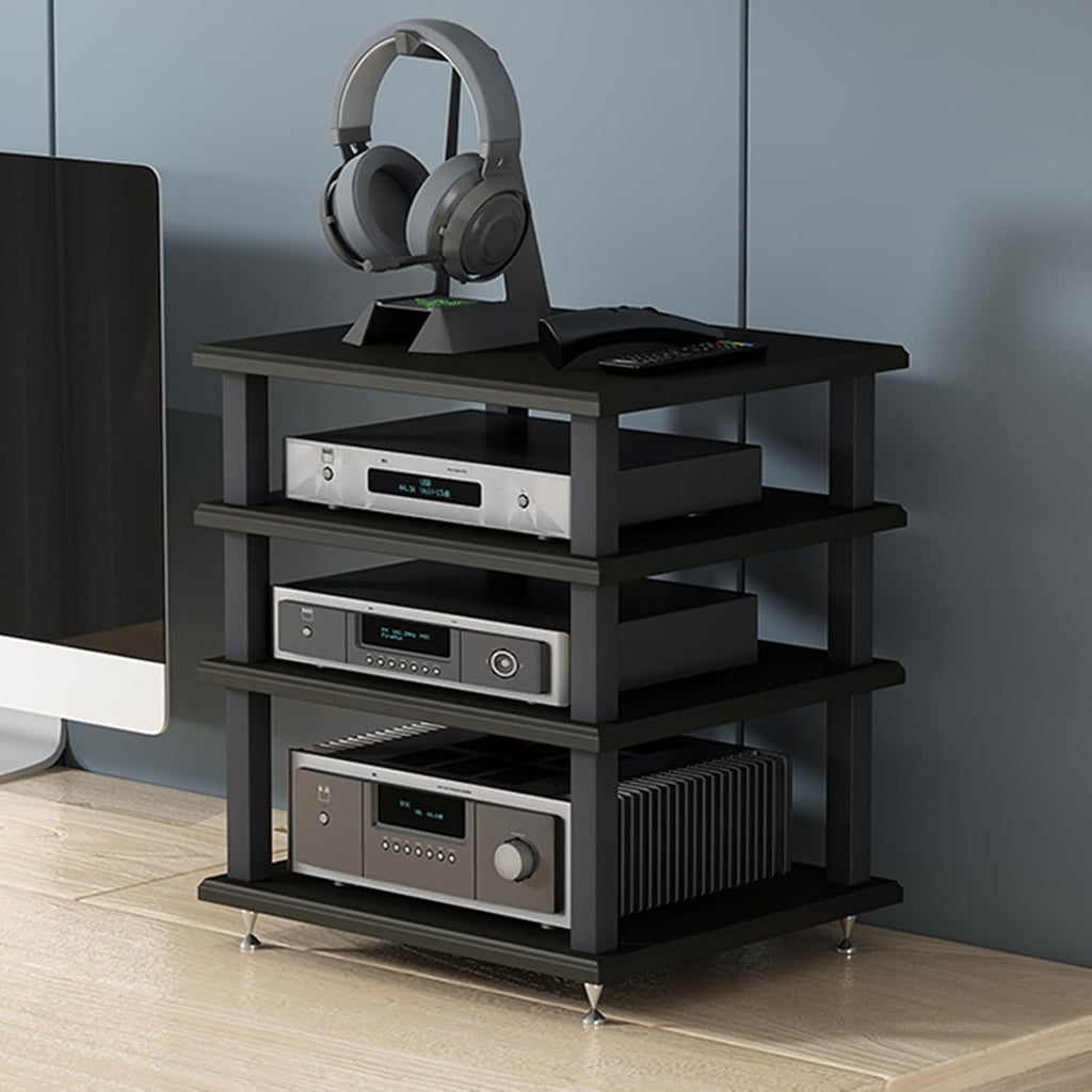 Modern Audio Rack Stand - Open Storage Media Cabinet for Stereo & CD Player - Floor-Standing Entertainment Tower with Foot Pads - Black, 40x35x35CM - Ideal for Home Theater & Office
