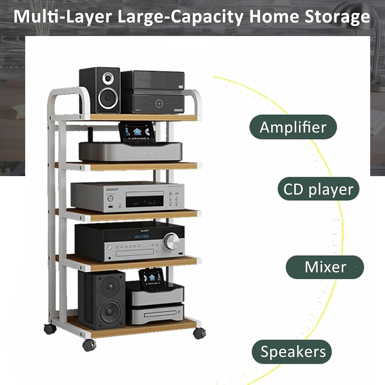 Movable AV Media Stand, 5-Tier Audio Rack & Entertainment Center Storage Cabinet, Modern Stereo Cabinet for Home Theater, Natural Finish, Stylish Media Shelving