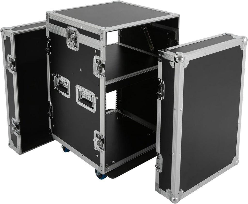 10U PA DJ Rack/Road ATA Case, Network & Stereo Rack with Slant Mixer Tops, Heavy-Duty DJ Work Table Rolling Studio Equipment Cabinet, Amplifier Mixer Storage Stand for Pro Tour Grade, Live Sound