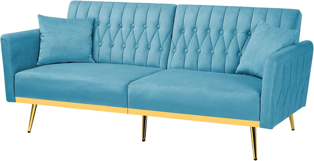 70' Velvet Futon Sofa Bed with 2 Pillows and Adjustable Armrests, Convertible Sleeper Bed W/Adjustable Backrests, Modern Loveseat for Living Room, Bedroom, Baby Blue