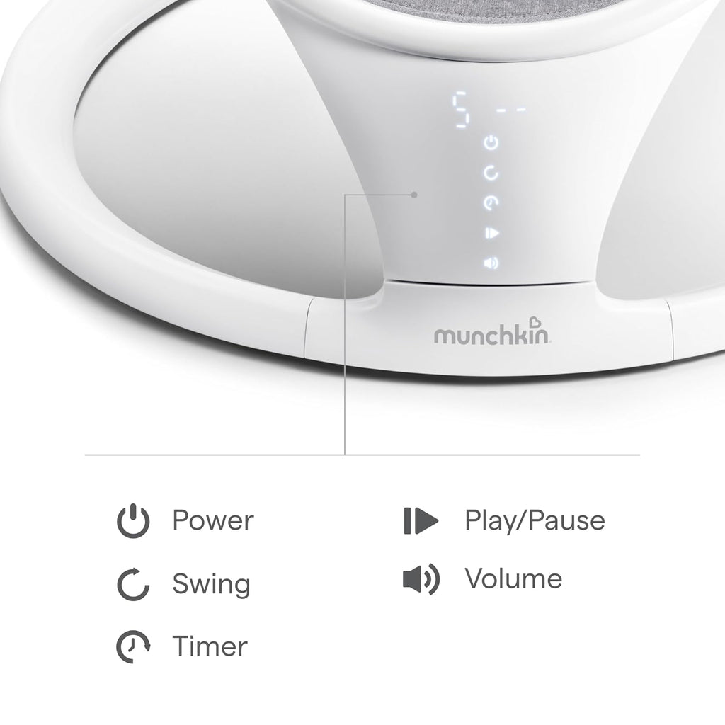 Munchkin Electric Baby Swing, Portable and Lightweight, Bluetooth Enabled Infant Rocker with Natural Sway in 5 Ranges of Motion, Newborn Nursery Essentials, White/Grey
