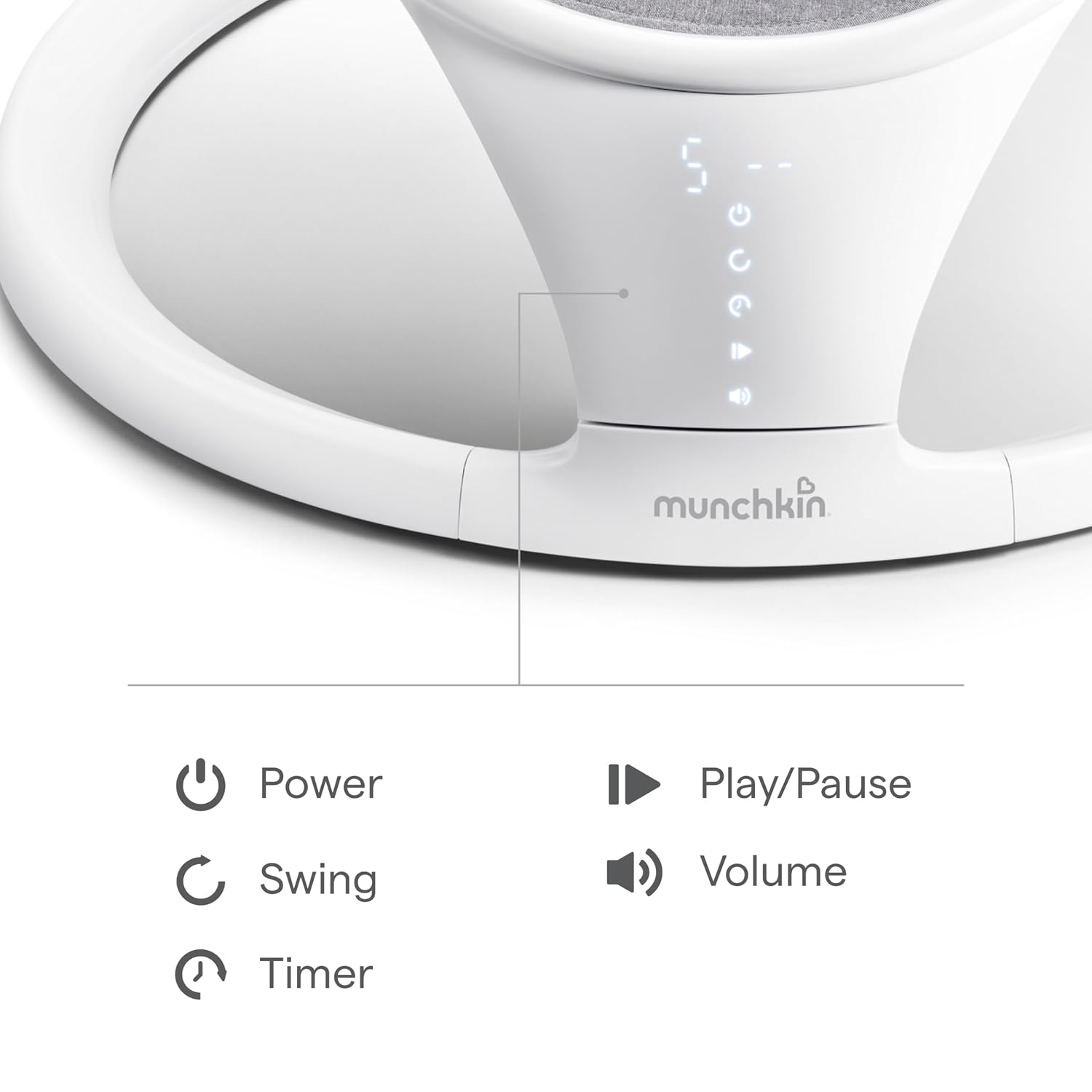 Munchkin Electric Baby Swing, Portable and Lightweight, Bluetooth Enabled Infant Rocker with Natural Sway in 5 Ranges of Motion, Newborn Nursery Essentials, White/Grey