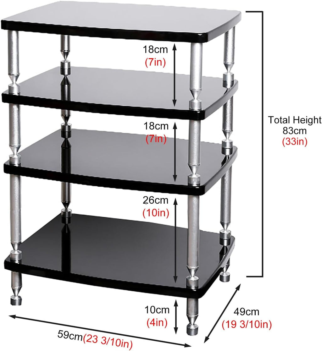 SRNSAEB 1/2/ 3/4 Tier Audio Equipment Rack Cabinet, Heavy Duty DVD Media Stand Black with Fitting, Standing Video Game Console Shelf Organizer for Game Consoles/Projector(4-Layer)