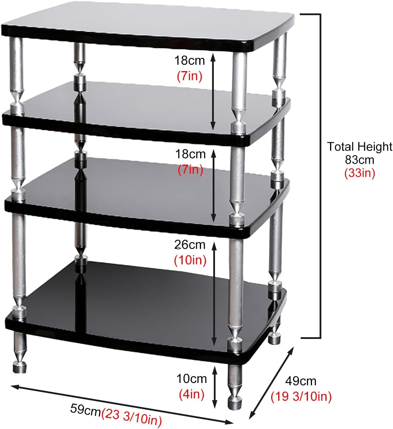 SRNSAEB 1/2/ 3/4 Tier Audio Equipment Rack Cabinet, Heavy Duty DVD Media Stand Black with Fitting, Standing Video Game Console Shelf Organizer for Game Consoles/Projector(4-Layer)