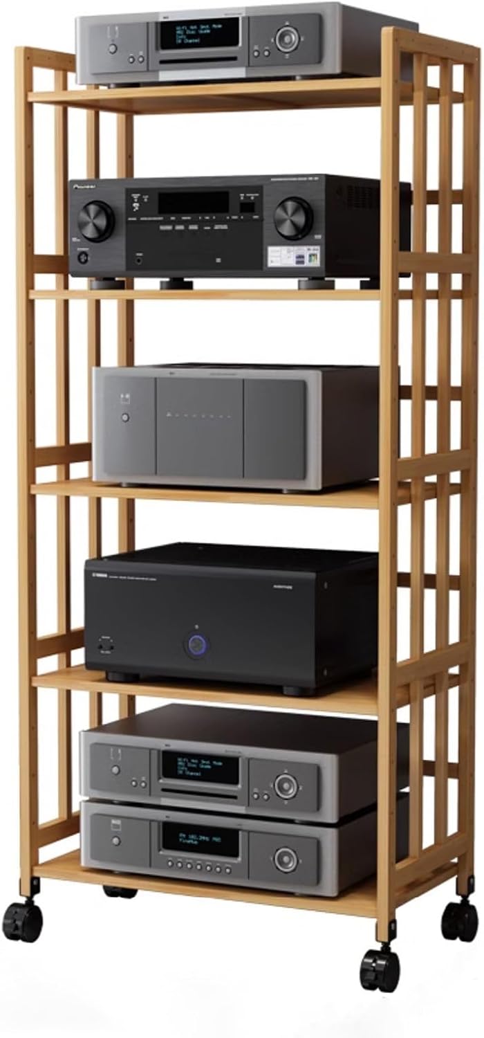 Large Capacity Vintage Stereo Console/AV Cabinet, 5-Tier Adjustable Speaker Stand/Electronics Equipment Shelf, Audio Component Rack with Wheels(Color:Light Brown,Size:55cm/21.7in)
