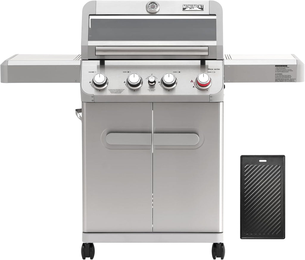 Monument Grills 4 Burner Propane Gas Grill, Stainless Steel Outdoor Patio Barbecue Grill with Cooking Plate, with Broil Zone Fast Heating, Knob Control, and Easy Cleanup, M410MBZ
