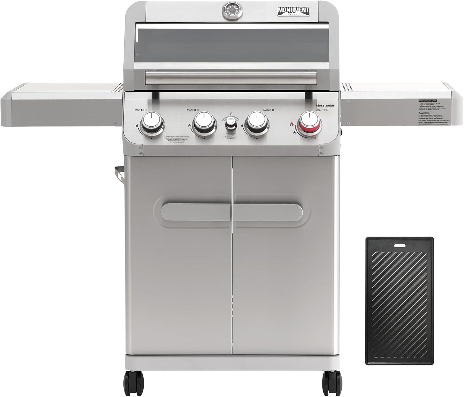 Monument Grills 4 Burner Propane Gas Grill, Stainless Steel Outdoor Patio Barbecue Grill with Cooking Plate, with Broil Zone Fast Heating, Knob Control, and Easy Cleanup, M410MBZ
