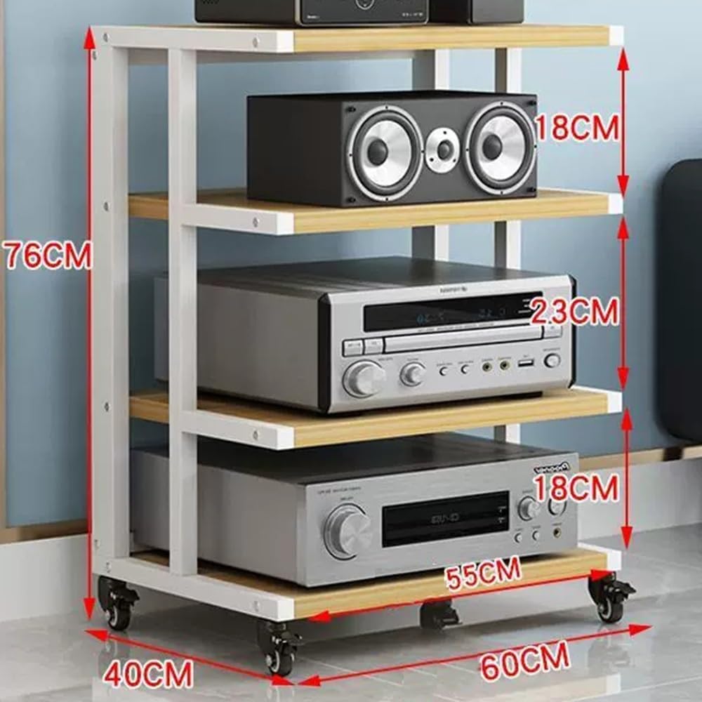 5-Tier Mobile Audio Stand with Wheels - Rolling HiFi Rack for Stereo Components & Av Equipment Storage Adjustable Height Durable Design for Home & Studio Use-White+Walnut-4 Tier