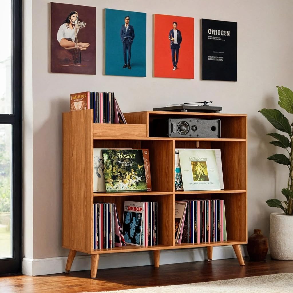 DIYART 3 Tier Large Record Player Stand with Power Outlet, Vinyl Record Storage Table Holds Up to 500 Albums, Mid-Century Turntable Stand, Brown