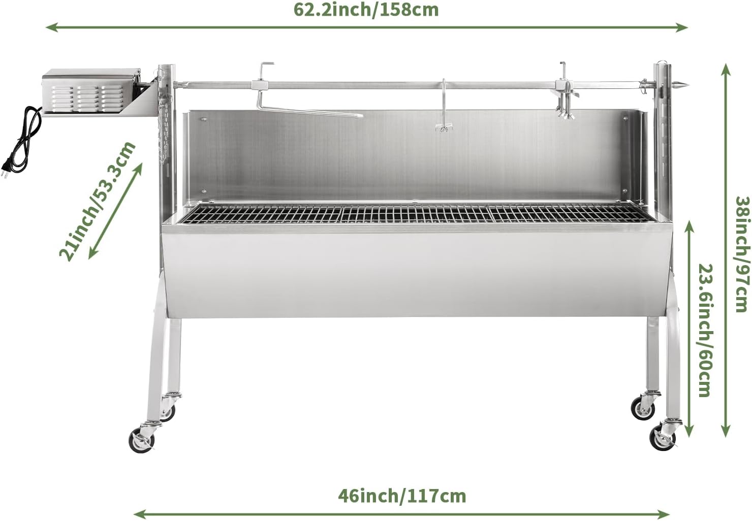 Kendane Rotisserie Grill Charcoal Spit Roaster, Stainless Steel 46' Pig Lamb Hooded Roaster Charcoal Spit with 30W Motor & Adjustable Height Lockable Casters for Party Barbecue, Rated 150 LB