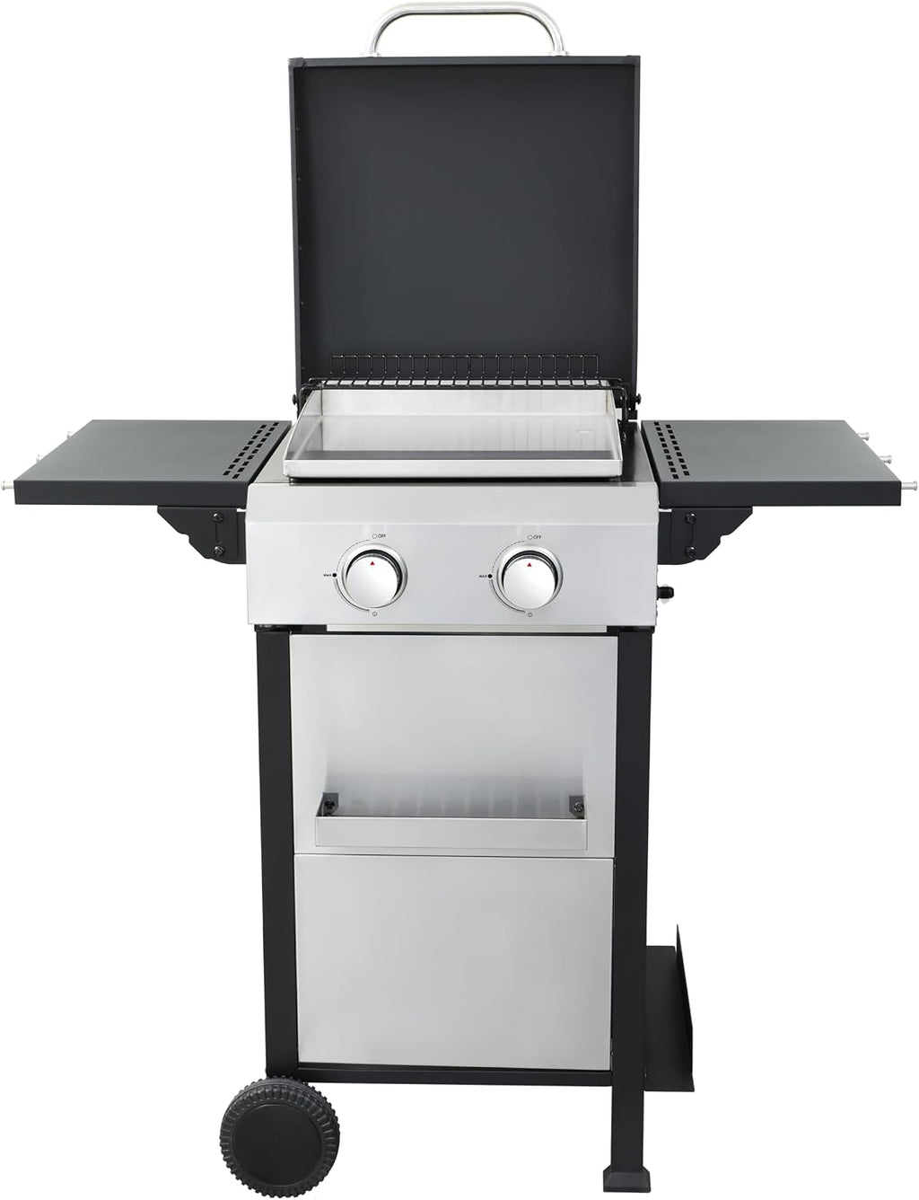 2-Burner Propane Gas BBQ Grill, SS Plancha, 24600BTU Output With Wire Enamel Cooking Grids For Outdoor Barbecue, Foldable Side Table, Hanging Basket, Stainless Steel