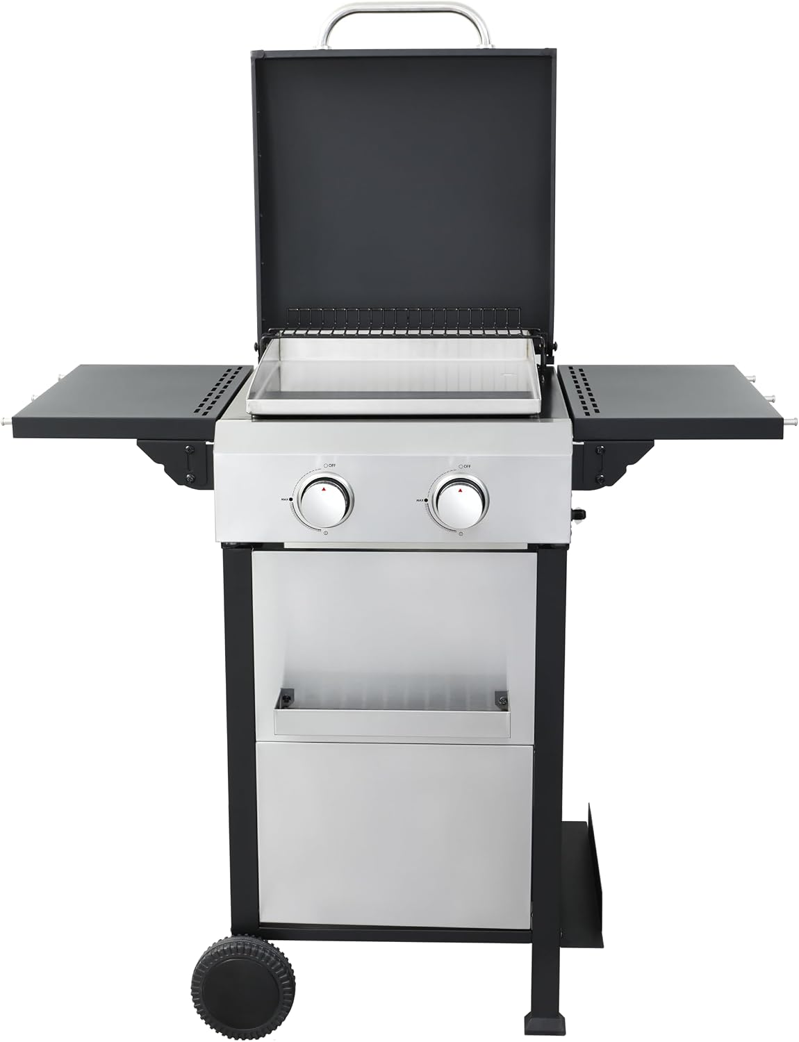 2-Burner Propane Gas BBQ Grill, SS Plancha, 24600BTU Output With Wire Enamel Cooking Grids For Outdoor Barbecue, Foldable Side Table, Hanging Basket, Stainless Steel