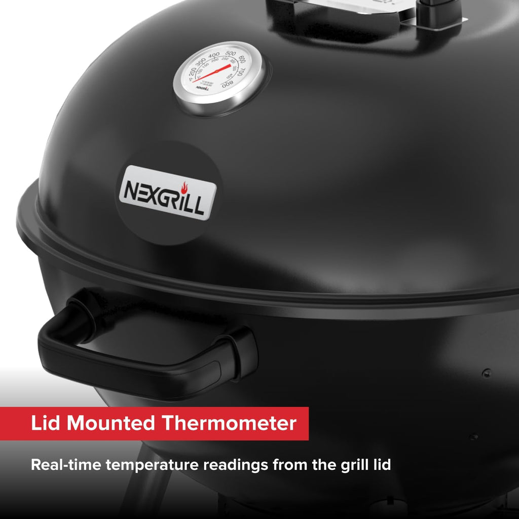 Nexgrill Premium 22.5' Charcoal Barbecue Grill with Adjustable Air Vent, Built-In Temperature Gauge, 362 SQ In Grate, Storage Rack, Portable Kettle Grill for Camping, Picnics, and More - 810-0178
