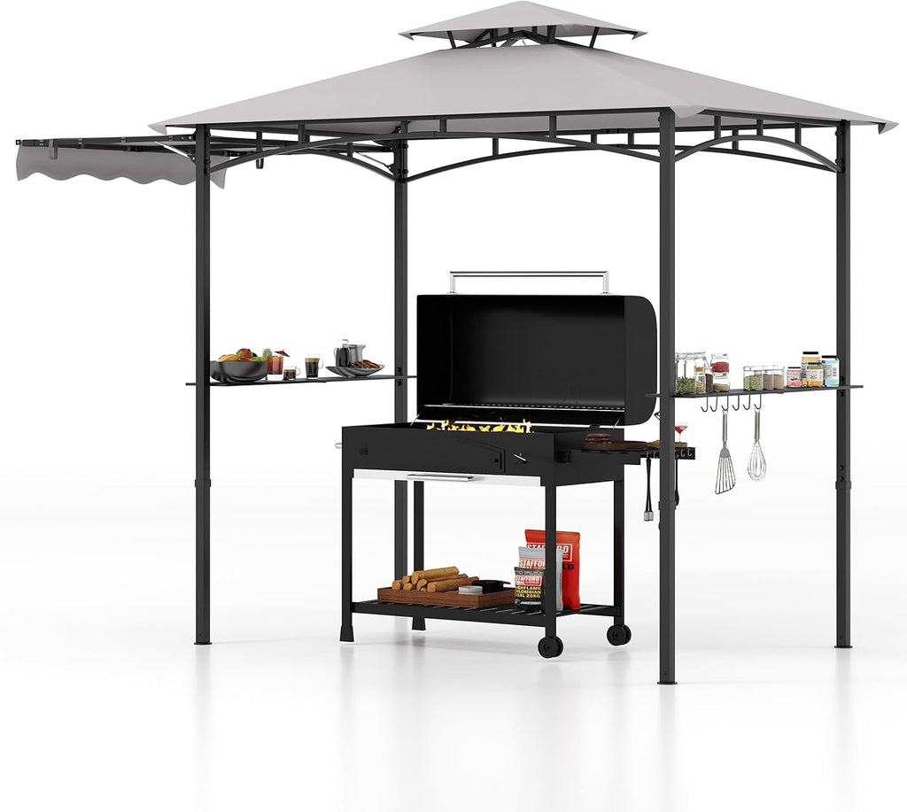 Tangkula 11x5 FT Grill Gazebo with Side Awning, 2-Tier Barbecue Gazebo with 2 Shelves, 12 Hanging Hooks, Bottle Opener, Outdoor Grill Canopy for Backyard Garden Poolside (Grey)