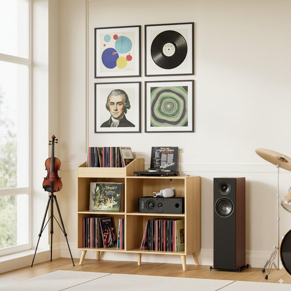 DIYART Large Record Player Stand with Power Outlet, Vinyl Record Storage Table Holds Up to 400 Albums, Mid-Century Turntable Stand for Living Room, Bedroom, Oak