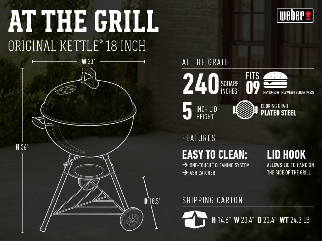 Weber Original Kettle Charcoal Grill, 18-Inch, Black – Classic Outdoor BBQ Grill with One‑Touch™ Cleaning System & Precise Temperature Control Dampers