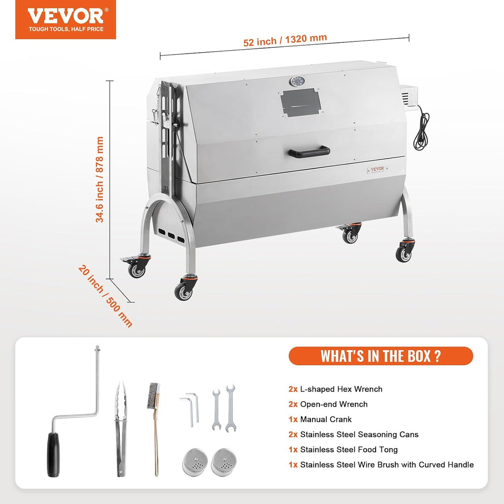 VEVOR Rotisserie Grill with Hooded Cover Roaster, 46 Inch 198Lbs Capacity, BBQ Outdoor Pig Lamb Rotisserie Roaster, Electric 52W Motor Stainless Steel Roasterfor Camping Outdoor Barbecue