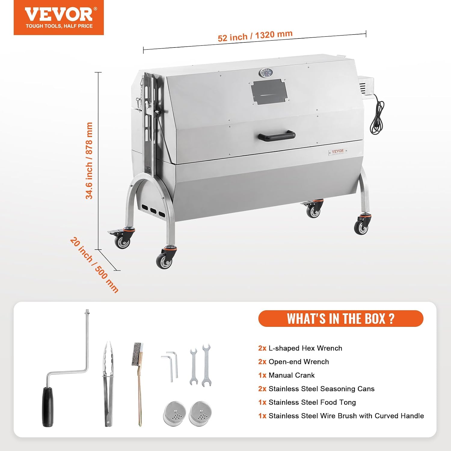 VEVOR Rotisserie Grill with Hooded Cover Roaster, 46 Inch 198Lbs Capacity, BBQ Outdoor Pig Lamb Rotisserie Roaster, Electric 52W Motor Stainless Steel Roasterfor Camping Outdoor Barbecue