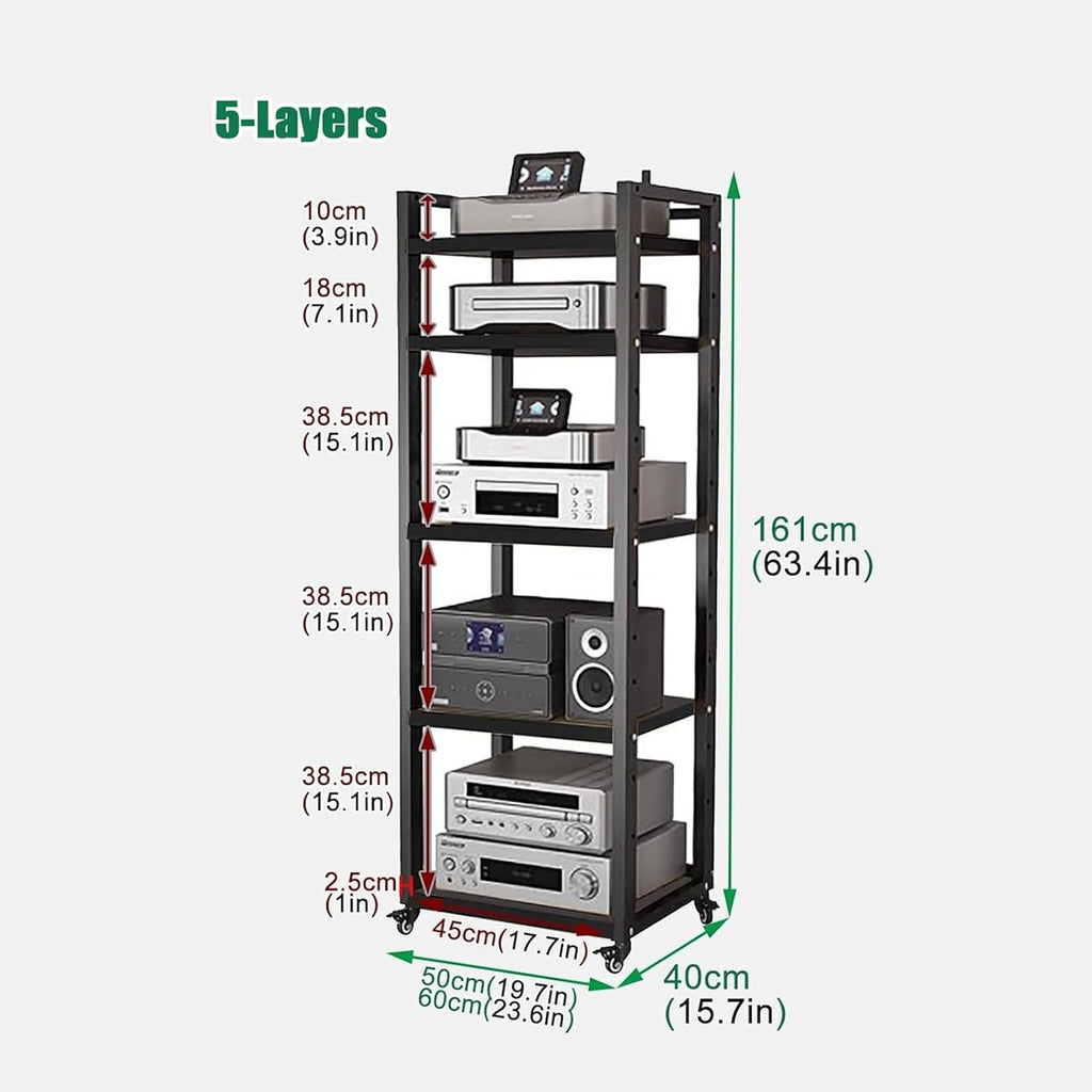 Audio Equipment Rolling Cart 5 6 7 8 Tier Media Storage Shelf for Radio - Stereo - TV Box - Cable Box - WiFi Router - Stereo Cabinet Wood, Multi-Function Open Storage Rack,Black(5 tier-50X40X161CM)