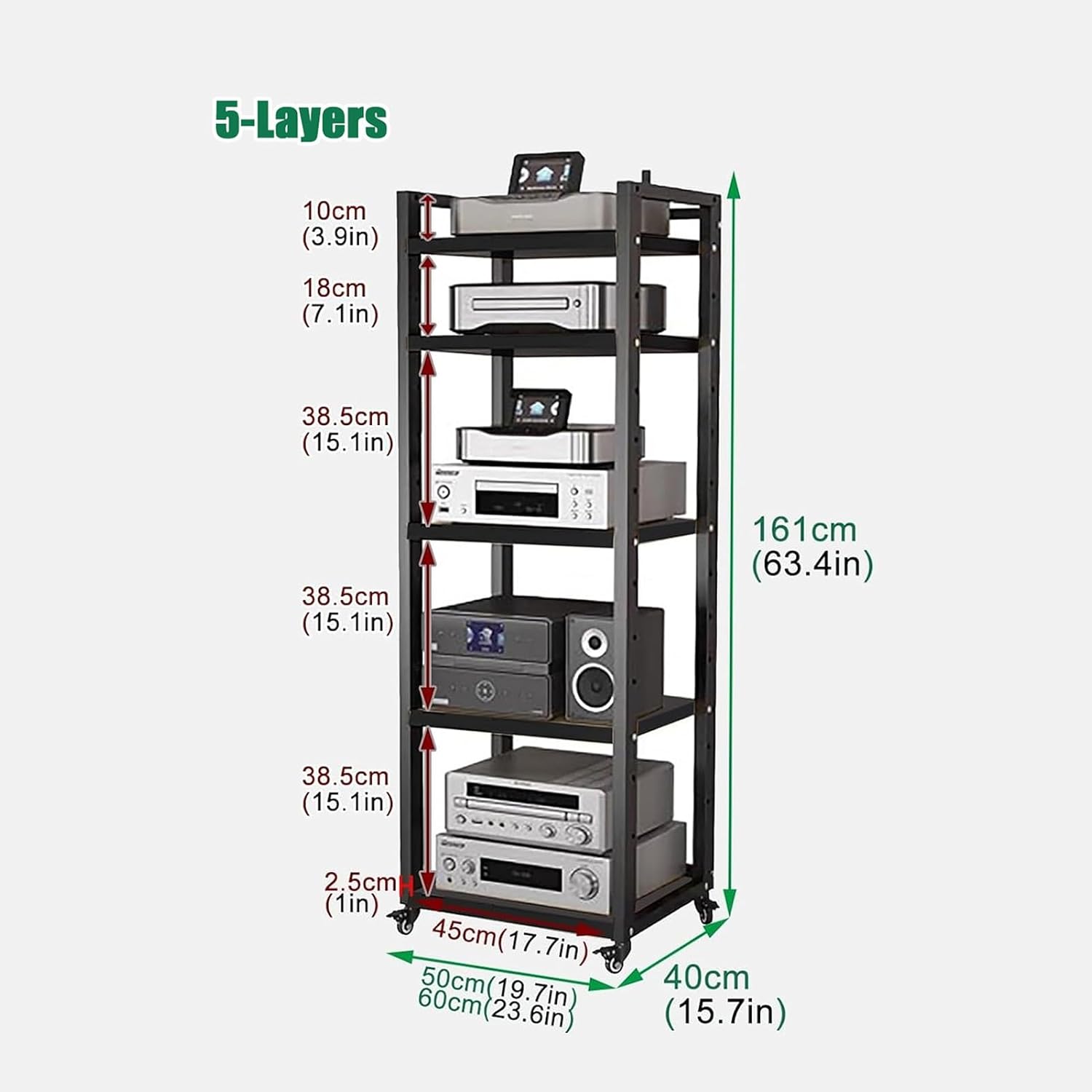 Audio Equipment Rolling Cart 5 6 7 8 Tier Media Storage Shelf for Radio - Stereo - TV Box - Cable Box - WiFi Router - Stereo Cabinet Wood, Multi-Function Open Storage Rack,Black(5 tier -60X40X161CM)
